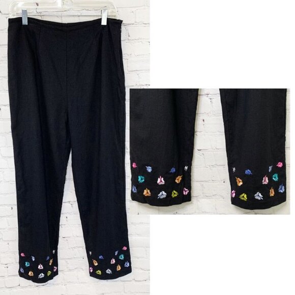NICOLE STUDIO HIGH RISE BLACK LINEN STITCHED FLORAL PANTS - 12 - Picture 1 of 5